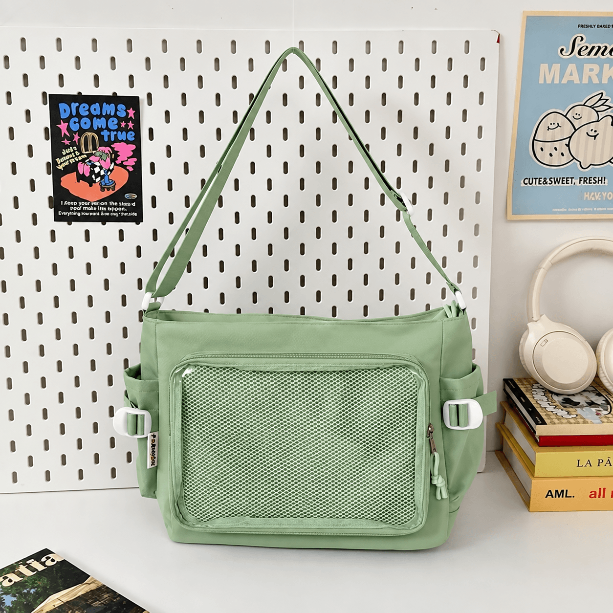 Green Nylon Utility Cinch Messenger Bag
